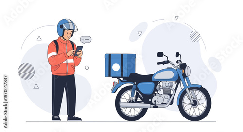 Delivery man with motorcycle and smartphone, food delivery concept