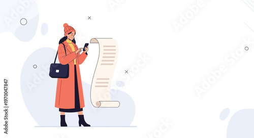 Woman in winter coat checking long to-do list on phone, illustration