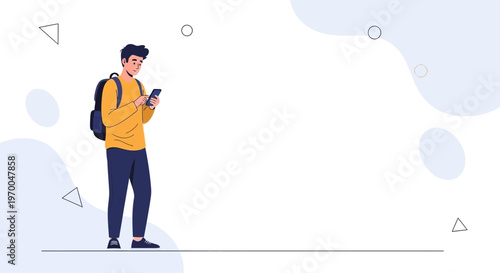 Young man with backpack using smartphone, modern abstract background, student lifestyle
