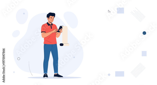 Man Using Smartphone for Online Shopping or Bill Payment with Long Receipt