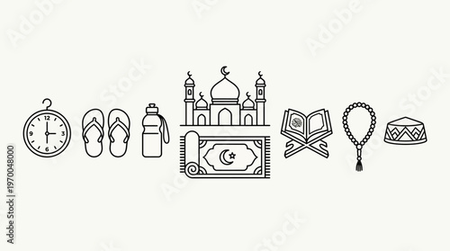 Minimalist Islamic prayer icons set, clean black-and-white cultural and daily essentials illustration