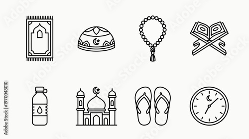 Minimalist Islamic prayer icons set, clean black-and-white cultural and daily essentials illustration