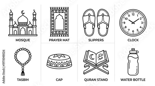 Minimalist Islamic prayer icons set, clean black-and-white cultural and daily essentials illustration