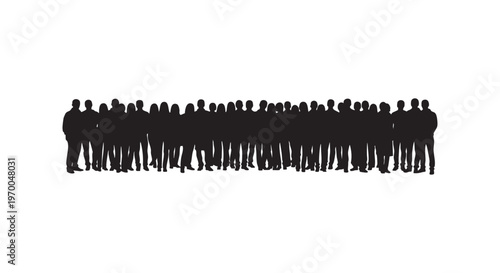 A group of people standing together in a line as silhouettes isolated on transparent background
