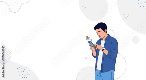 Young man using smartphone, watching video, social media, online communication, modern lifestyle