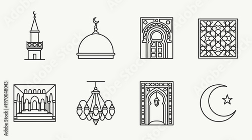 Minimalist mosque architecture icons set, clean black-and-white Islamic design essentials illustration