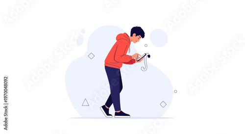 Young man in hoodie using tablet, modern flat illustration, abstract background