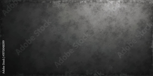 A dark vintage metal frame overlays an aged black grunge wall texture with a dirty grey concrete pattern and distressed stone surface design for a blank industrial backdrop