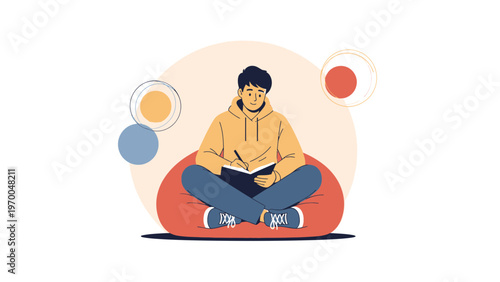 Young man sitting cross-legged on bean bag, writing in notebook, creative illustration