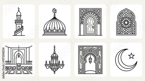 Minimalist mosque architecture icons set, clean black-and-white Islamic design essentials illustration