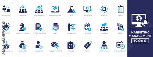 Marketing Management icon set. Containing Budget, target, Customer Review, Survey, and Marketing Strategy and more. Solid icon collection.