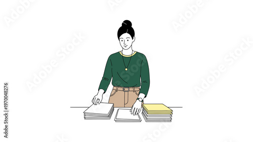 Woman organizing documents at desk, minimalist illustration, business and work concept