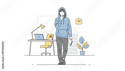 Person in hoodie thinking at desk with laptop, modern office, creative workspace