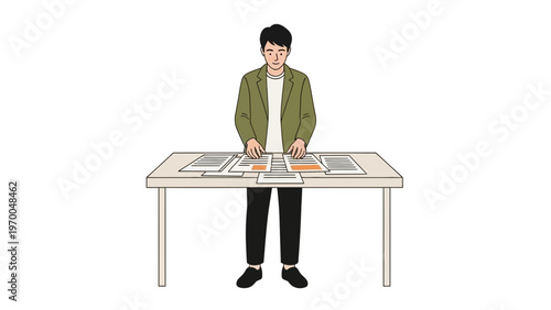 Man organizing documents on a table, business planning, office work, strategic arrangement