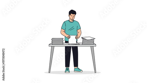 Man Organizing Papers on Desk, Workload Management, Office Workflow