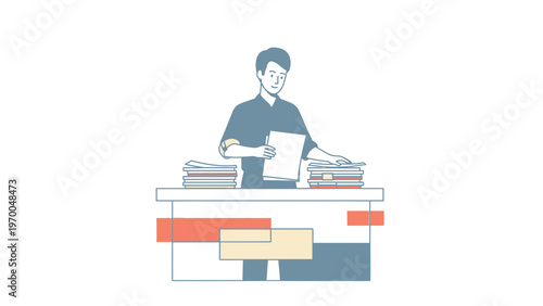 Man in Office Sorting Paperwork at Desk with Stacks of Documents
