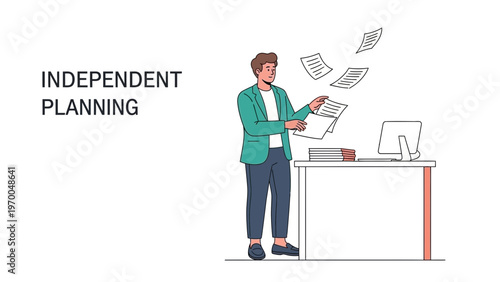 Man organizing papers at desk with computer, independent planning concept