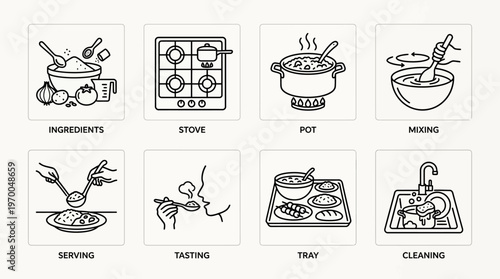 Minimalist Eid cooking icons set, clean black-and-white festive meal process essentials illustration