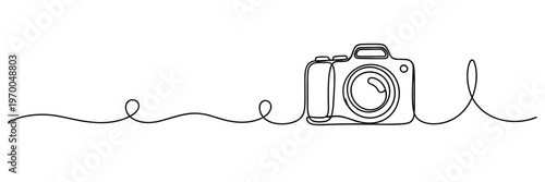 Camera illustration resting on continuous line background, none editable strokes