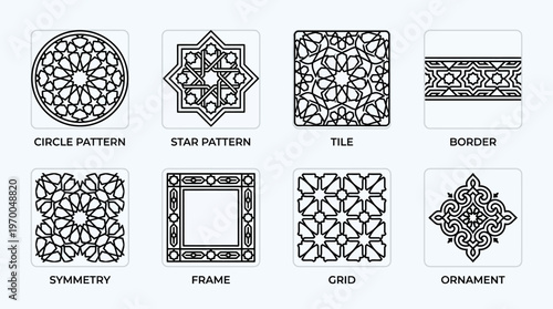Minimalist geometric pattern icons set, clean black-and-white decorative design essentials illustration