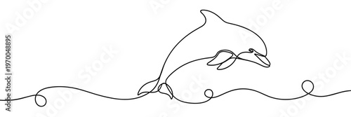 Dolphin leaping over waves in continuous line drawing, none editable strokes