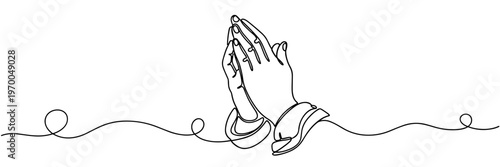 Praying hands drawn in continuous line on white background, none editable strokes