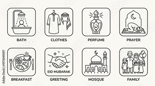 Minimalist daily life icons set, clean black-and-white cultural and religious essentials illustration