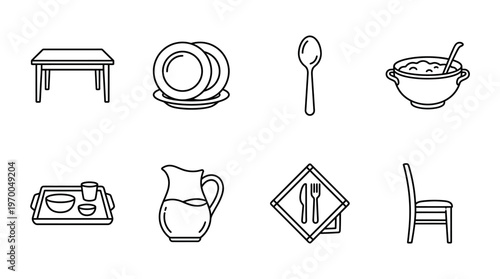 Minimalist household dining icons set, clean black-and-white daily essentials illustration