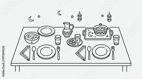 Minimalist Eid dining icons set, clean black-and-white festive food essentials illustration