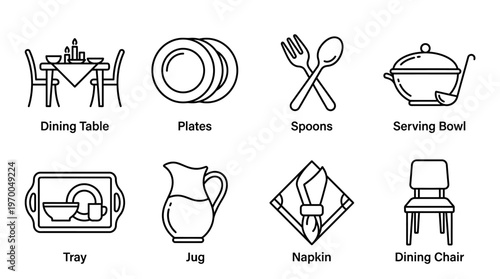 Minimalist household dining icons set, clean black-and-white daily essentials illustration