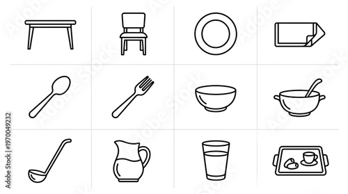 Minimalist household dining icons set, clean black-and-white daily essentials illustration