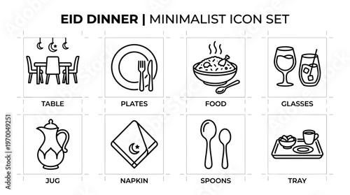 Minimalist Eid dining icons set, clean black-and-white festive food essentials illustration