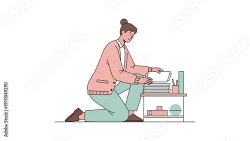 Woman organizing papers on a shelf, minimalist illustration, office work, business concept