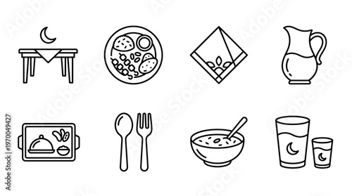 Minimalist Eid dining icons set, clean black-and-white festive food essentials illustration