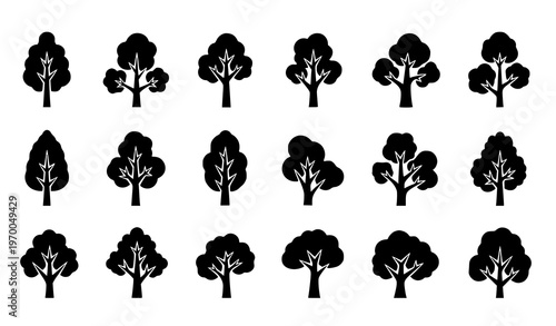 Minimal tree silhouette pack of 18 with simplified foliage and trunk variations in vertical layout isolated on white background