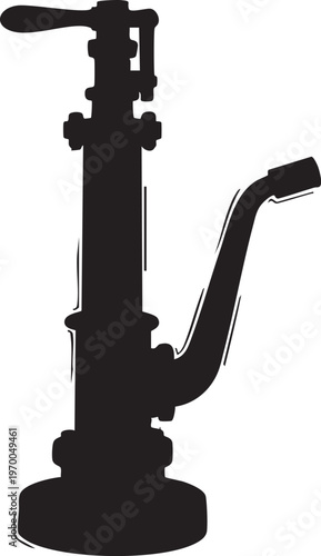 Silhouette of a vintage manual water pump on a white background illustrating a classic hand operated well pump