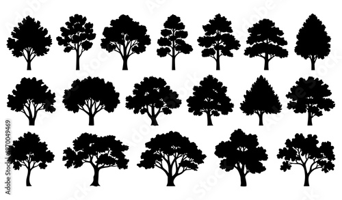 18 black tree silhouettes vector set with varied canopy shapes and trunk forms arranged in rows isolated on white background