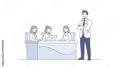 Business meeting with manager overseeing team working on laptops at desk