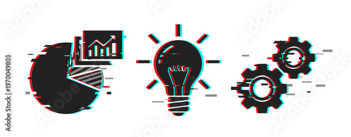 Glitch effect on pie chart, lightbulb, and gears representing innovation and analytics