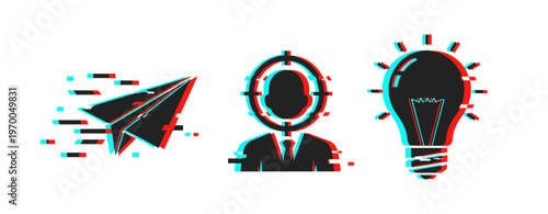 Glitch art of paper plane, faceless suit figure, and light bulb