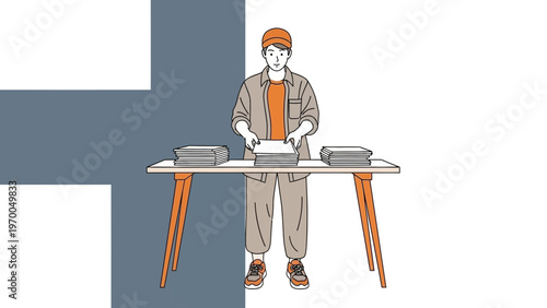 Man in uniform folding clothes on table, minimalist illustration, Finland flag colors