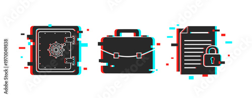 Digital security icon set: safe, briefcase, document with glitch effect