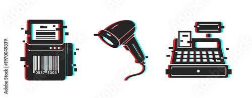 Retro glitch art: barcode scanner, hairdryer, and cash register icons in 3d anaglyph style