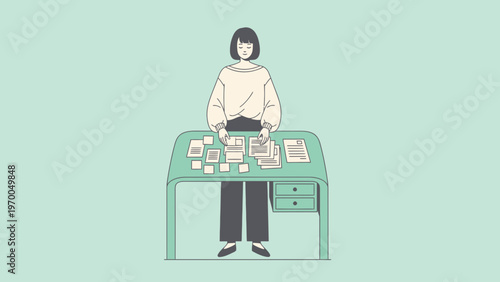 Woman organizing papers on a desk, minimalist illustration, organization concept