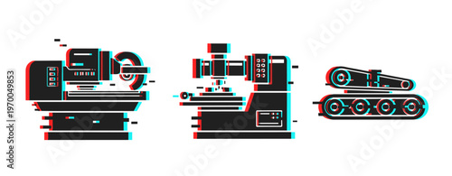 Retro glitch art of industrial machinery: lathe, drill press, conveyor belt