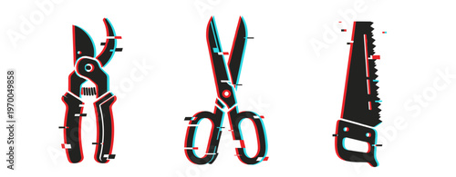 Garden shears, scissors, and saw with glitch effect on white background