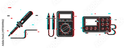 Stylized glitch art of soldering iron multimeter and electronics equipment