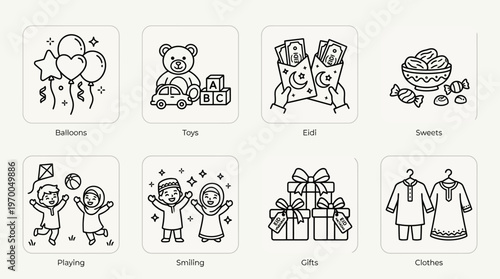 Minimalist Eid kids icons set, clean black-and-white festive joy and celebration essentials illustration