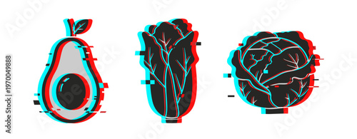 Glitch effect art of avocado, celery, and lettuce in retro 3d style