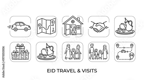 Minimalist Eid travel icons set, clean black-and-white festive visit essentials illustration